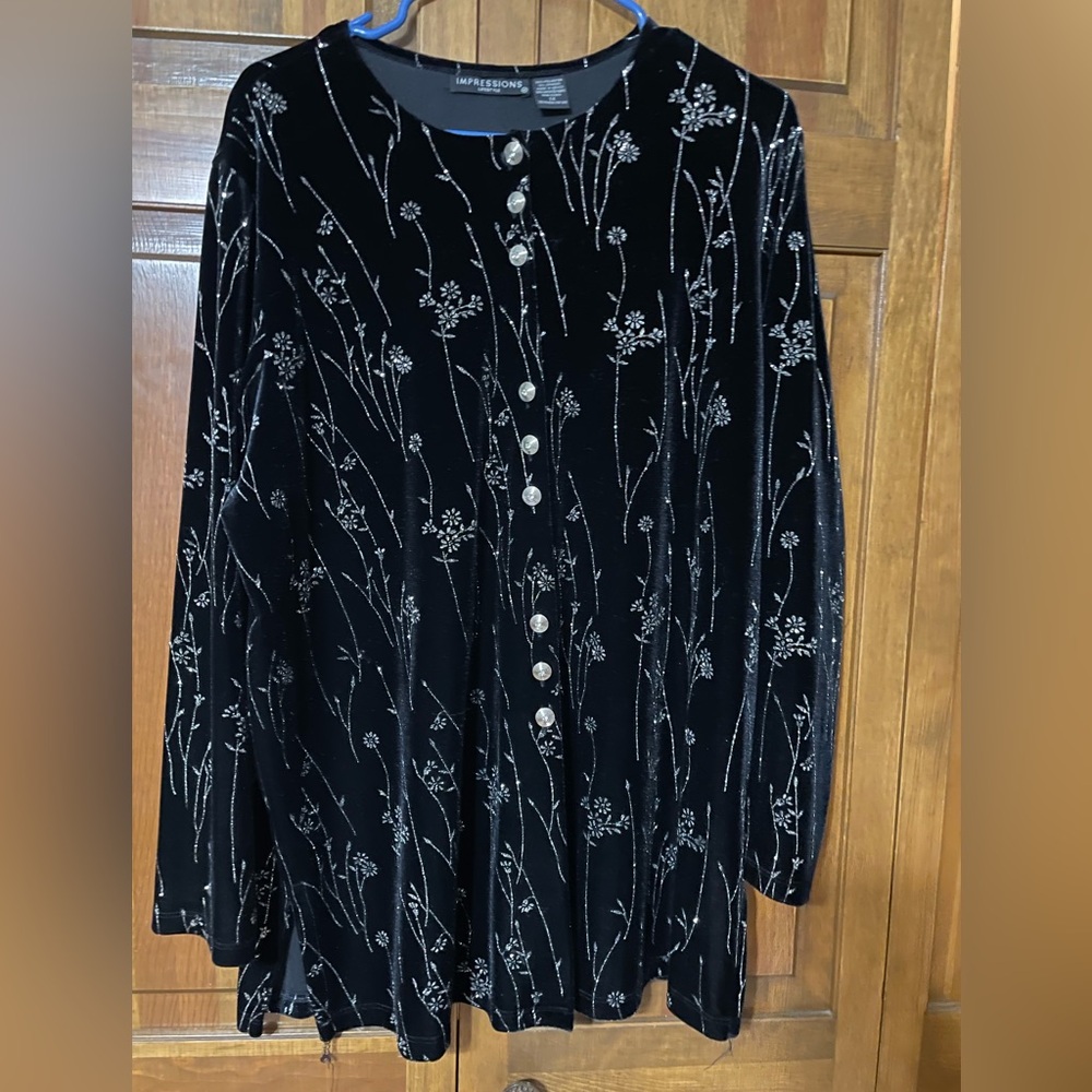 Black suede shirt with silver floral design